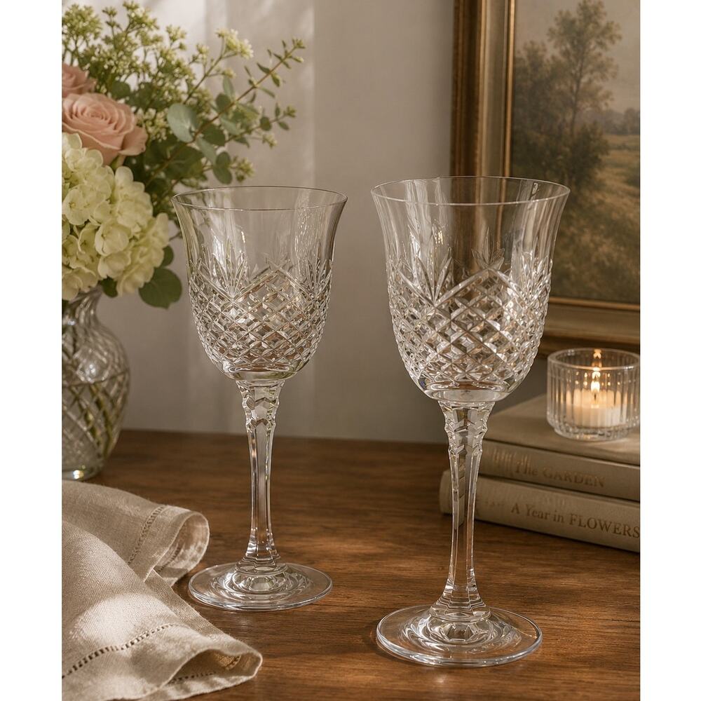 Vintage Cut Crystal Wine Goblets, Diamond and Fan Pattern, Faceted Stem Set of 2